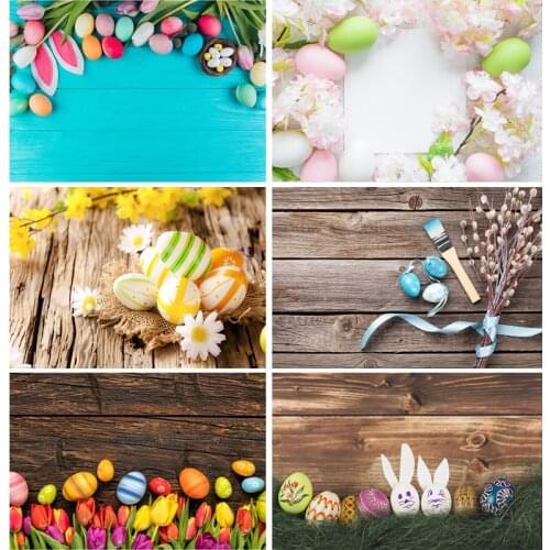Spring Easter Photography Backdrop Rabbit Flowers Eggs Wood Board Photo Background Studio Props 210322CAW-02