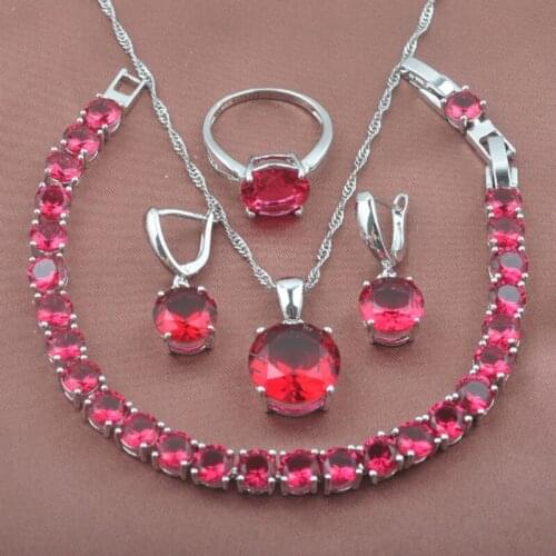 Classic Round Red Zirconia Wedding Jewelry Sets Womens Summer Set Bracelet Pendant Earrings Ring YZ0221