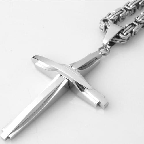 Christian Jesus Cross Pendant Stainless Steel Polished Silver Color Byzantine Chain Necklace Mens Boys Jewelry Xmas Gift