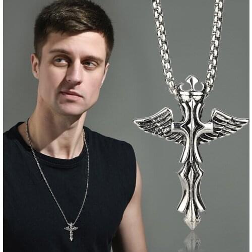 YUNLI The Latest Fashion Personality Angel Wings Cross Mens Titanium Steel Necklace Hip Hop Punk Hipster Street Jewelry