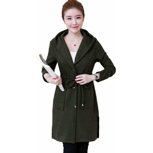 2019 New Plus size L-5XL Knit Cardigan Jacket Women Sweaters Spring Autumn Hooded Casual Tops Female Belt Slim Sweater Coat G492