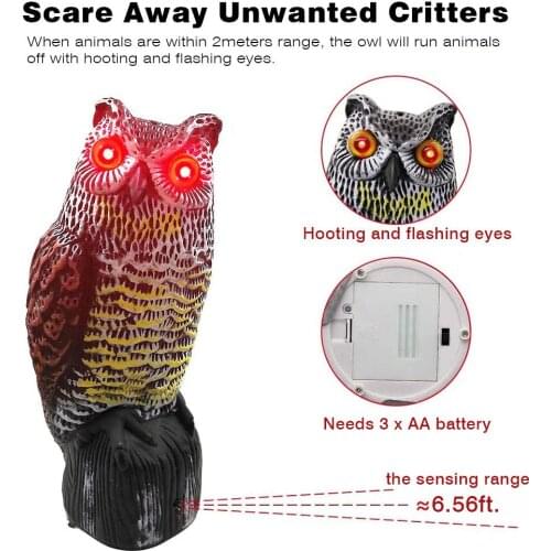 Solar Fake Decoy Bird Repellent For Garden Scarecrow Deterrent With Flashing Eyes Frightening Owl Sound To Scare Woodpecker Away