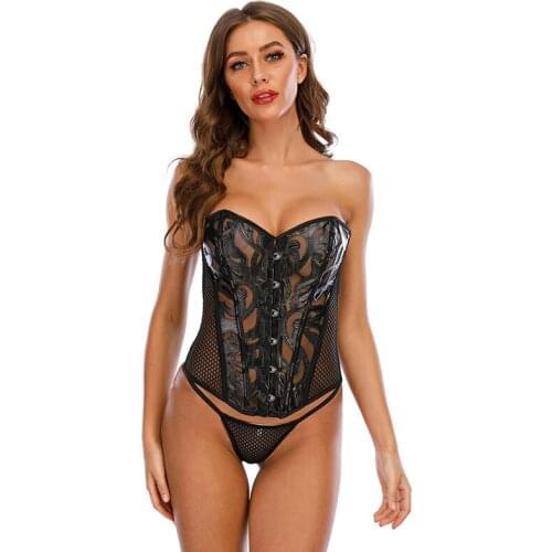 Sexy Women Corset Hollow Out Transparent Faux Leather Fishinet Corset Tops Body Shape Slim Fit Lingerie Waist Trainer Bustiers