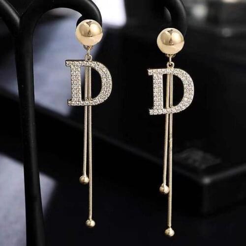 BLIJERY New Brand Long Chain Letter D Hanging Drop Earrings For Women Crystal Dangle Earring Wedding Party Jewelry pendientes