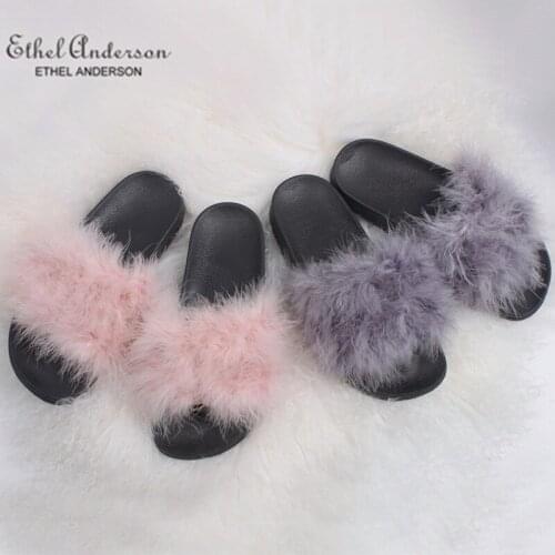 ETHEL ANERSON Real Feather Slippers Lady Cute Summer Flat Slides Indoor Outdoor Flip Flops Shoes Wholesale