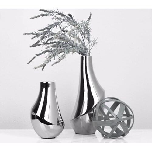 Simple Modern Home Decor Electroplating Silver Ceramic Resin Mirror Shaped Vase Simulation Living Room Decorations Flower Pot