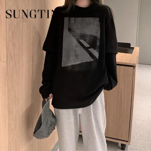 Sungtin Fashion Print Loose Long T Shirt for Women Korean Cozy O Neck Regular Tee Tops Vintage Harajuku Long Sleeve T Shirts New