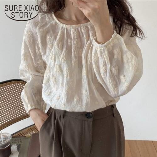 French Embroidery Flower Cotton Shirt Womens O-Neck Sweet Puff Sleeve Linen Blouse Women Fall Loose Elegant Sunscreen Top 16256