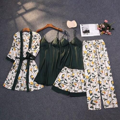 Lady Nightgown Set Womens 5PCS Nightwear Spring V-Neck Printing Pajamas Suit Sleepwear Rayon Satin Robe Gown
