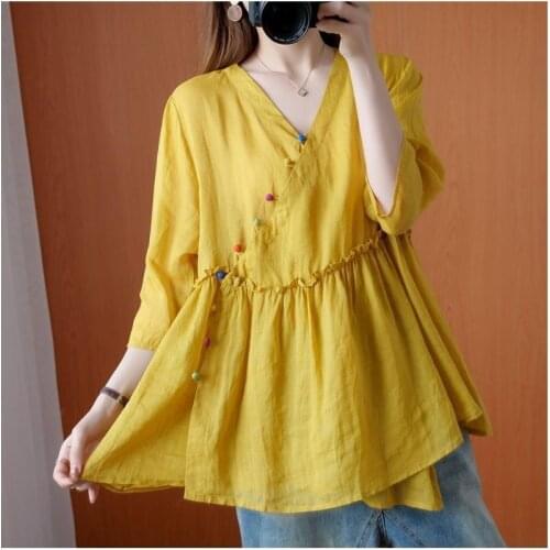 2021 Summer New Cotton Linen Shirt Women Retro Contrast Color Buckle V-neck Loose Casual Shirts Top and Blouse for Ladies Y962