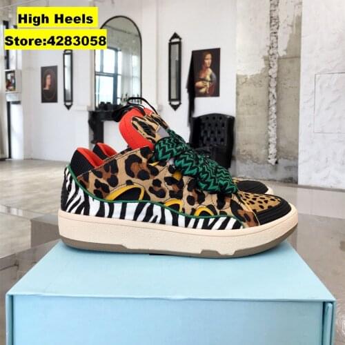 RunWay Casual Designer Women Trainer Leopard Genuine Leather Patchwork Lace Up Thick Sole Casual Shoes Bumper Sneakers