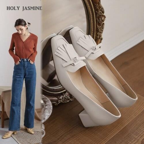 2021 Retro Womens Shoes Shallow Medium High Heels Pumps Square Toe Shoes for Women Genuine Leather Working Party Shoes Woman