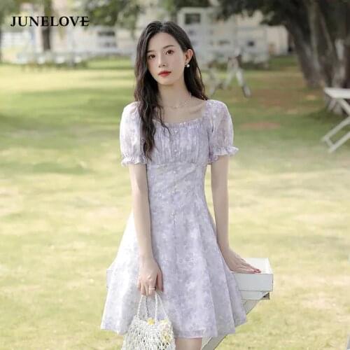 JuneLove Summer Purple Elegant Floral Dress Women Flare Sleeve Casual Slim Sweet Dress Boho Ruffles Fit Chic Party Fairy Dress
