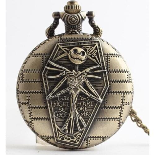 50pcs/lot Bronze Nightmare Before Christmas Quartz Pocket Watch Necklace Pendant Gift Men Women Watches