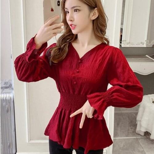 #2046 Red Green Basic Blouse Women Ruffles Sexy V Neck Buttons Korean Style Elegant Cotton Blouse Femme Long Sleeved Spring 2021