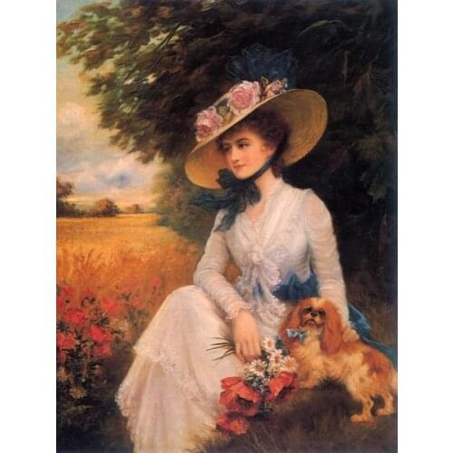 Free shipping classical court figure women and dog scenery oil painting canvas prints on canvas wall art decoration picture