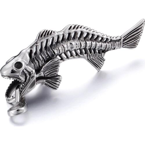 Large Black Vintage Stainless Steel Hyperbole design Biker Fish Bone Pendant Mens Necklace Free chain 22