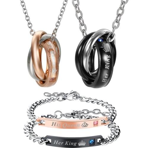 BONISKISS His Queen Her King ID Bracelets Necklace Ring Fashion Jewelry Sets Charm Crown Couple Jewelry Gifts Valentines gift