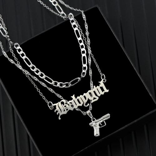 Caraquet Silver Color Babygirl Alphabet Pistol Pendant Necklace Women Vintage Multilayer Metal Chain Necklaces Statement Jewelry