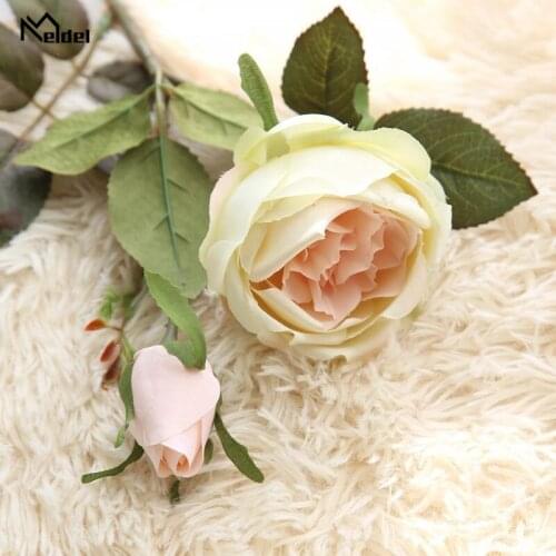 Meldel DIY Bouquet Decor 2 Heads Fake Rose Flower Artificial Silk Rose Buds Room Table Home Wedding Decoration Champagne Flowers