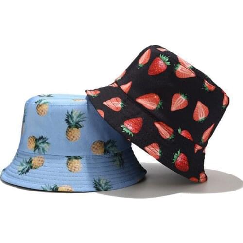 Unisex Summer Two Sides Wear Reversible Bucket Hat Bohemian Pineapple Watermelon Fruits Printing Foldable Fisherman Cap