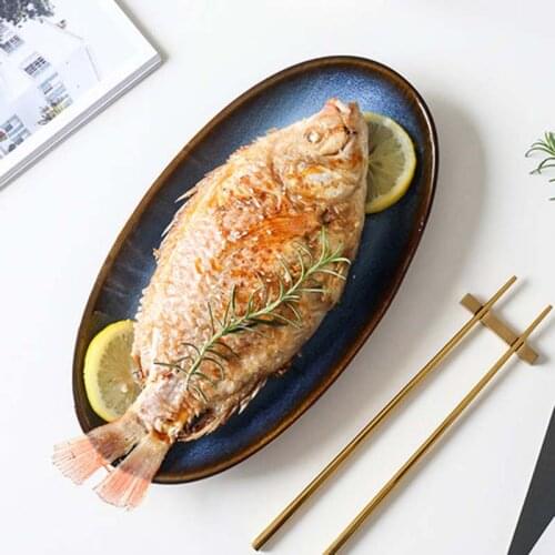 FANCITY Household steamed fish dish Japanese commercial restaurant creative personality kiln turned blue dish oval ceramic dish