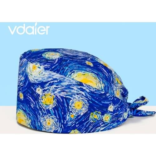 Cotton print Scrubs hats Tieback Straps Sweatband Scrubs Caps Pet Grooming Agency Work Caps Beautician Cap Lab Hat scrub hats