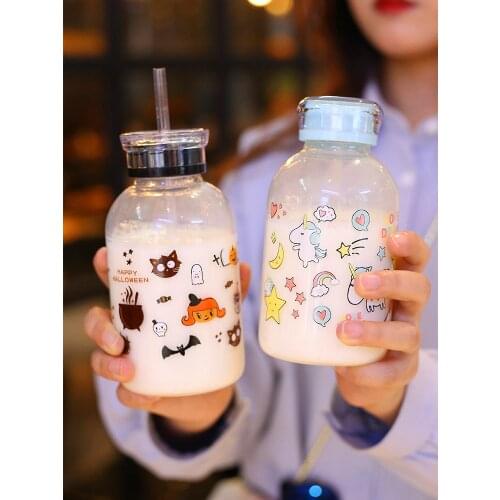 450ML Creative Cute Cartoon Fruit Milk Tea Glass Water Bottle with Straw Round Transparent Glass Straw Type Drinking Bottles