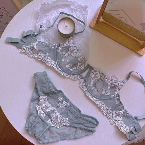 French embroidered lace sexy transparent steel ring ultra-thin underwear set big breasts show small gathered bras and panty