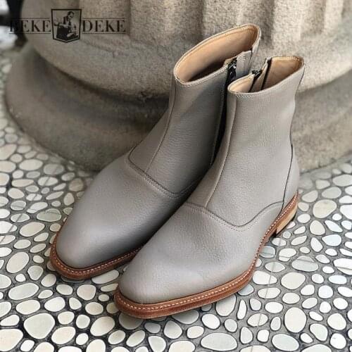 High Quality 100% Genuine Leather Cowhide Chelsea Boots Men Vintage Pointed Toe Cowboy Ankle Boots Handmade Mens Fashion Shoes