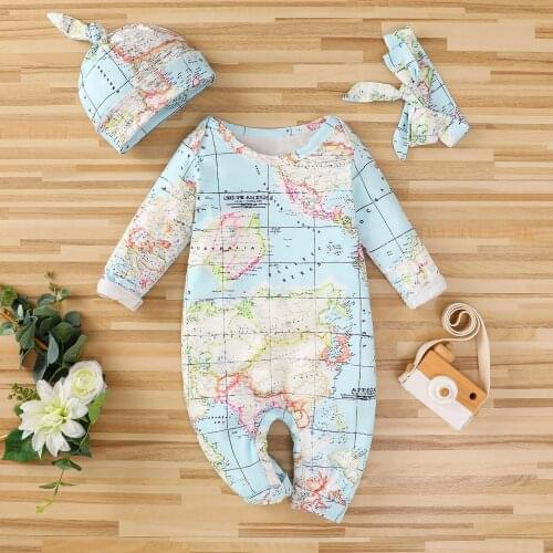 Baby Clothes Jumpsuit Newborn Infant Baby Girls Boys Pattern Print Jumpsuit Romper+Headband+Hat Outfit Baby Romper Overalls