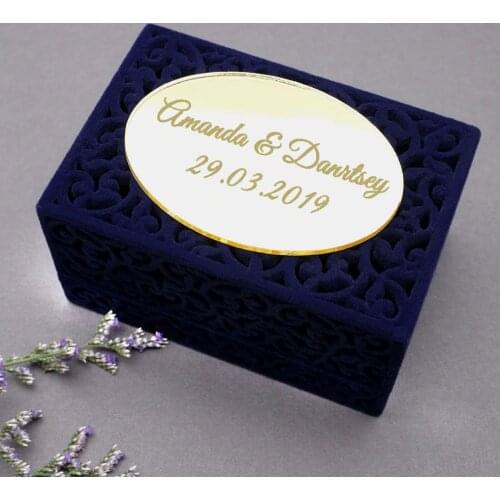 Personalized Wedding Ring Bearer Box Blue Velvet Ring Box Proposal Ring Holder Jewelry Box Engagement Ring Box Mirror Ring Box