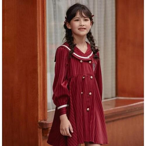Autumn Spring Long Sleeve Dress For Girls Fashion Peter Pan Collar Mid Length Gowns Children School Uniform Clothes 3-14 Years