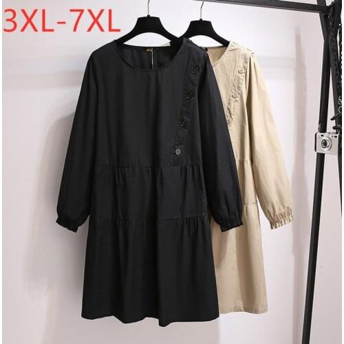 New Ladies Spring Autumn Plus Size Midi Dress For Women Large Long Sleeve Loose Cotton Black Straight Dress 7XL