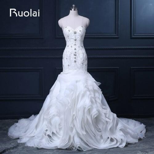 Luxury New Real Wedding Gown Sweetheart Beading Crystal Top Organza Ruffles Mermaid White Wedding Dresses for Bridal ASAFN66