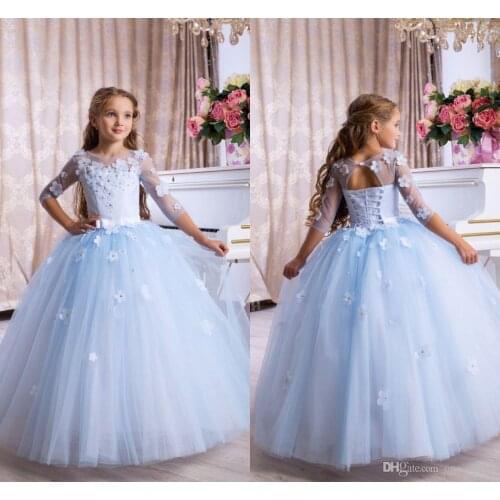 Luxury Sky Blue Lace Appliqued Tiered Flower Girl Dress Vintage Tulle Girl Birthday Prty Pageant Gown 3/4 Long Formal Wedding Dr
