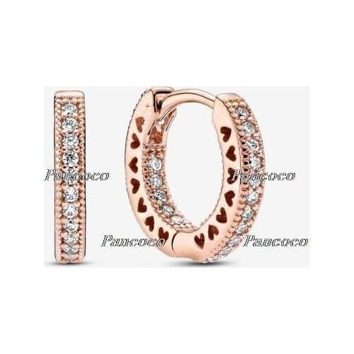 925 Sterling Silver Earring Signature Rose Sparkling Heart Hoop Earrings For Women Wedding Party Pandora Jewelry