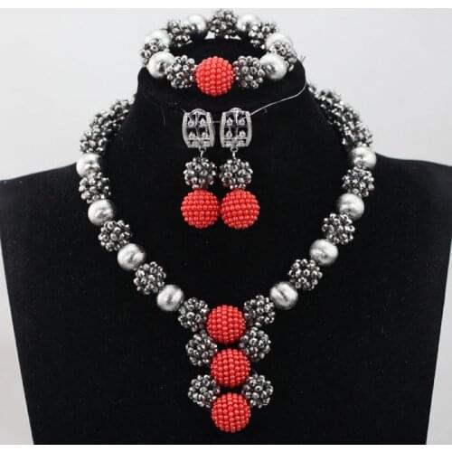 Grey Crystal Balls Bead Jewelry Red Pendant Statement Necklace African Beads Jewelry Set Free Shipping QW1083