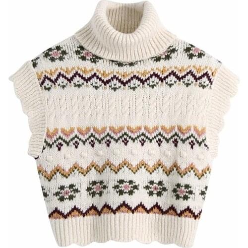 2021 Spring Autumn Flower Knitted Sweater Vest Womens Oversize Turtleneck sleeveless Pullover Sweater Female
