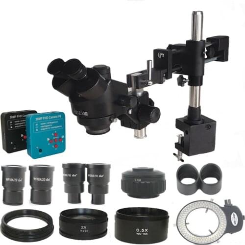 3.5X-180X Simul Focal Trinocular Double Arm Clamp Microscope+38MP 2K HDMI-Compati USB Video Camera+0.5X 2.0X Auxiliary Objective