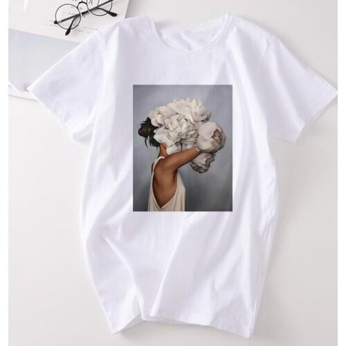 Harajuku Aesthetic Feather Flowers Printing T-shirt Fashion Womens T Shirts O Neck Short Sleeve Tee Shirt Casual Women Clothing