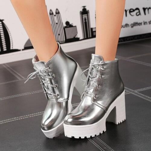 2019 spring ankle boots for women silver patent leather shoes woman high heels platform boots large size botines mujer