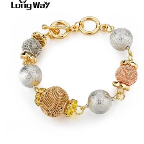 LongWay Gold Color Bracelet Hollow Ball Bracelets Bangles Crystal For Women Ethic Bracelets Safety Clasp jewelry SBR160026103