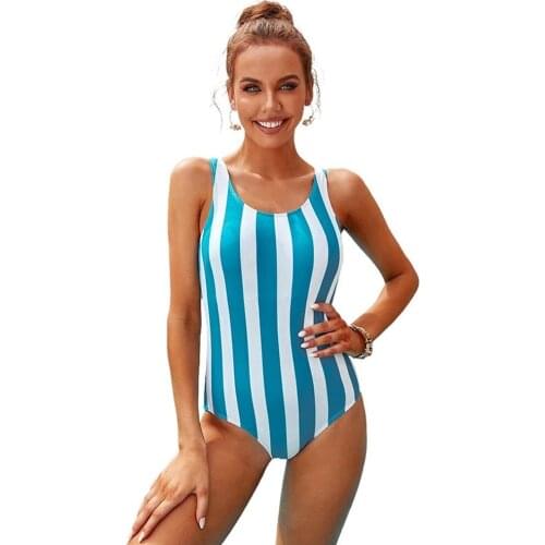 Echoine Stylish One-Piece Swimsuit Women 2021 Summer New Blue Stripe Open Back Cross Swimwear Female One Piece Swimsuit