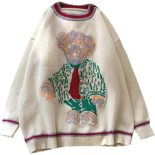 ZA Cartoon Bear Print Womens Sweater 2020 Autumn Winter New Knit Womens Jumpers Japwanese Cute O Neck Knit Pullovers Sweater