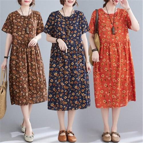 2021 Summer Fashion New Style Cotton And Linen Print Round Neck Short Sleeves Big Hem Comfortable Dress Women Trendy H001