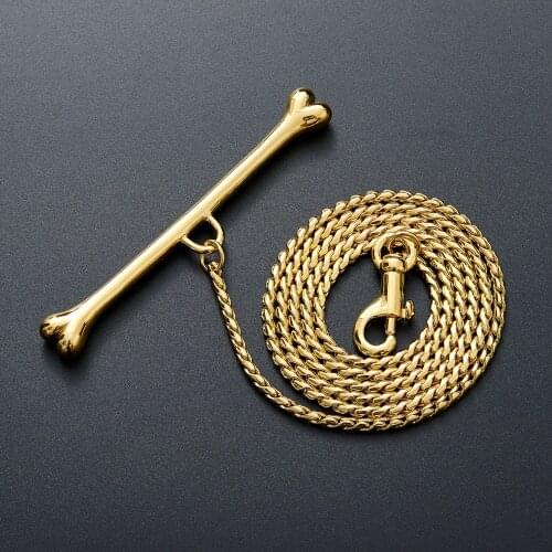 Golden Stainless Steel Pet Chain Leash Stainless Steel Bone Handle Pet Dog Anti-bite Metal Dog Chain Leash For Small Medium Dog