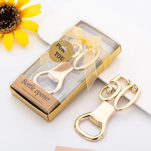 10pcs / lot WeddParty Bottle Opener Wedding Party Favors for Guests Wedding Anniversary 50th Birthday Party Favor Bottle Opener