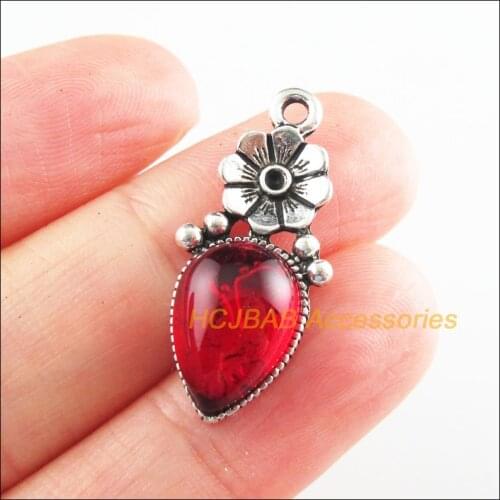 8 New Teardrop Charms Red Glaze Flower Pendants Tibetan Silver Tone 13x29mm