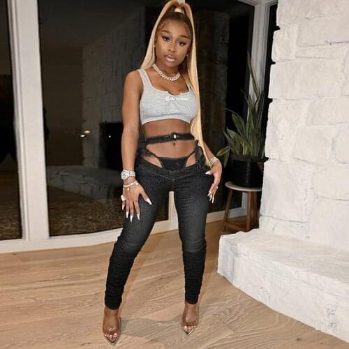 Streetwear Skinny Denim Jeans Sexy Bodycon Women Jeans Bandage Hollow High Waist Pants Fall Winter Clothing